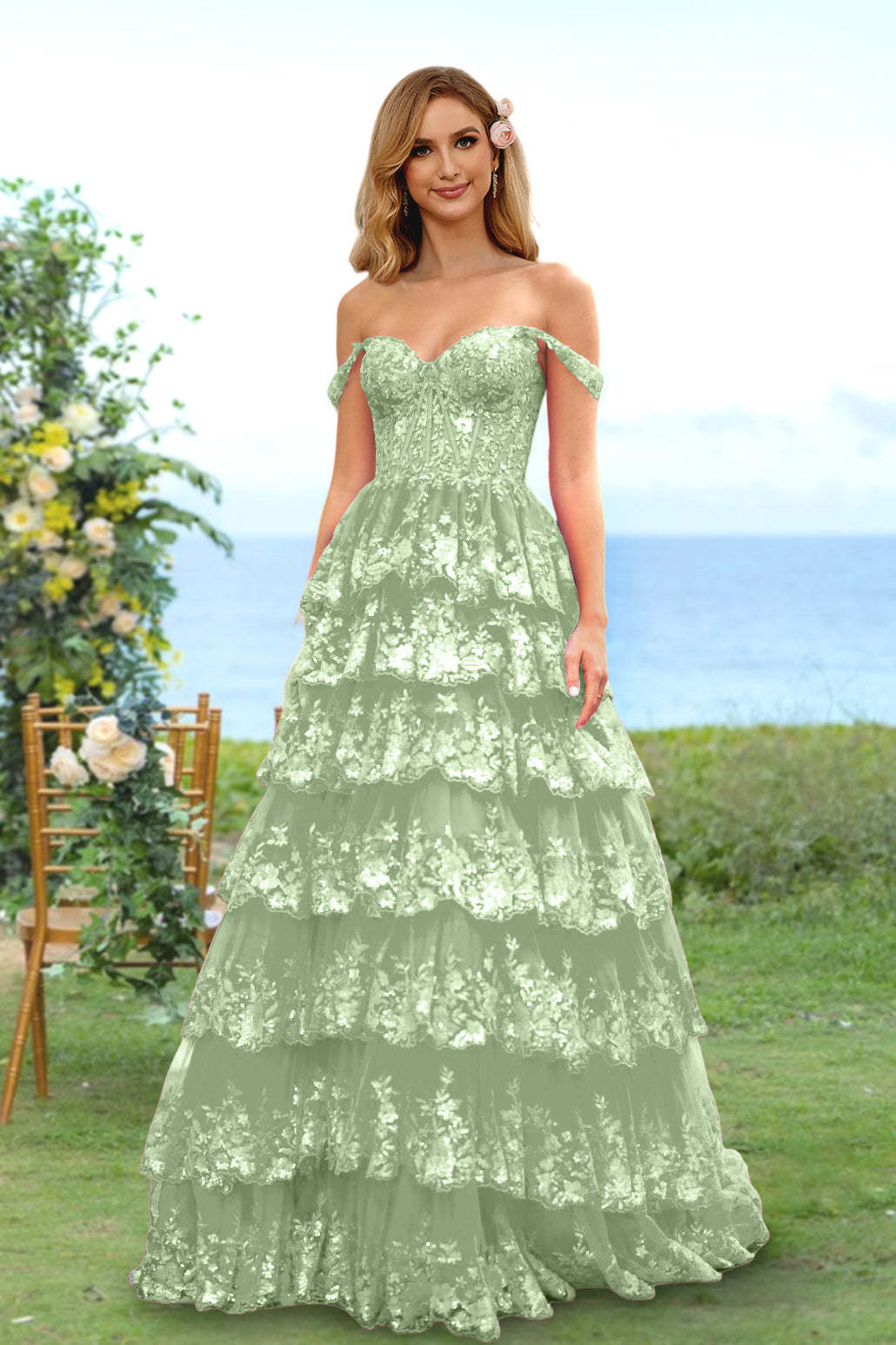 Sweetheart Off-the-Shoulder A-Line Princess Long Prom Dress with Floral Sequins & Ruffles