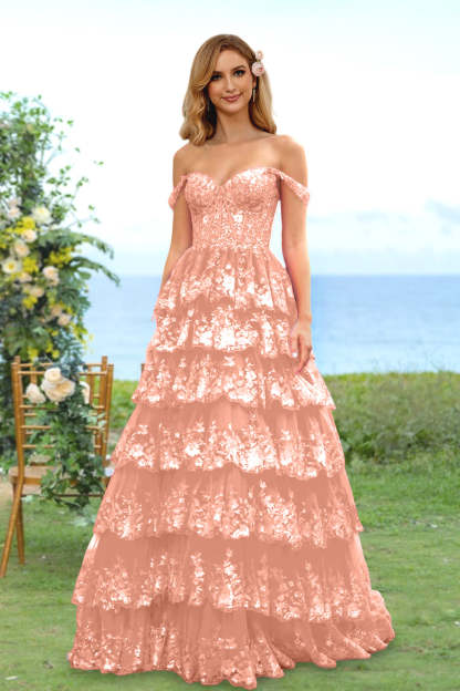Sweetheart Off-the-Shoulder A-Line Princess Long Prom Dress with Floral Sequins & Ruffles