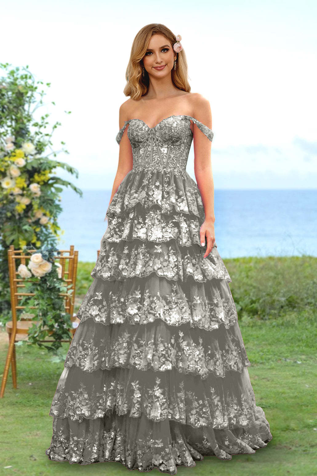 Sweetheart Off-the-Shoulder A-Line Princess Long Prom Dress with Floral Sequins & Ruffles