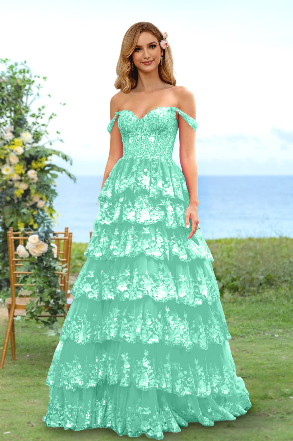Sweetheart Off-the-Shoulder A-Line Princess Long Prom Dress with Floral Sequins & Ruffles