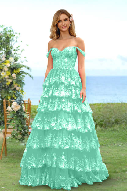 Sweetheart Off-the-Shoulder A-Line Princess Long Prom Dress with Floral Sequins & Ruffles