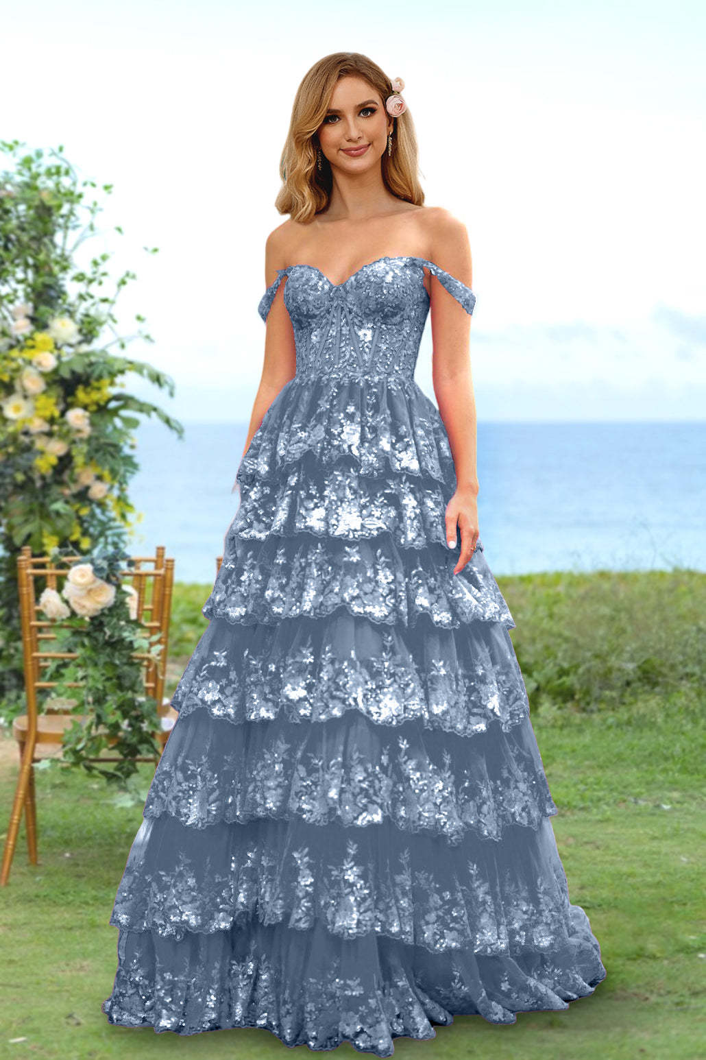 Sweetheart Off-the-Shoulder A-Line Princess Long Prom Dress with Floral Sequins & Ruffles