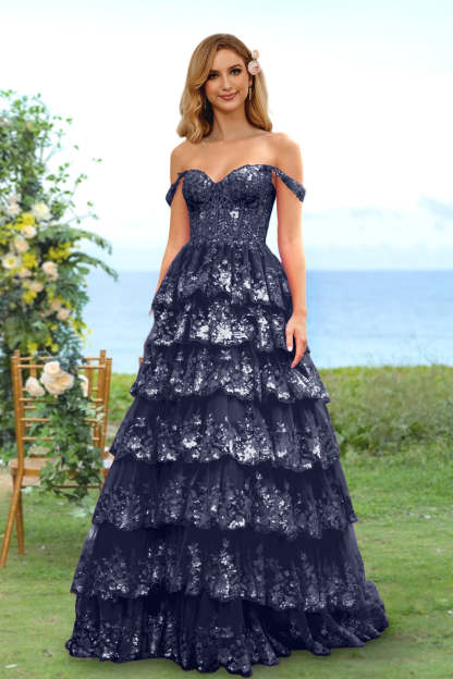 Sweetheart Off-the-Shoulder A-Line Princess Long Prom Dress with Floral Sequins & Ruffles