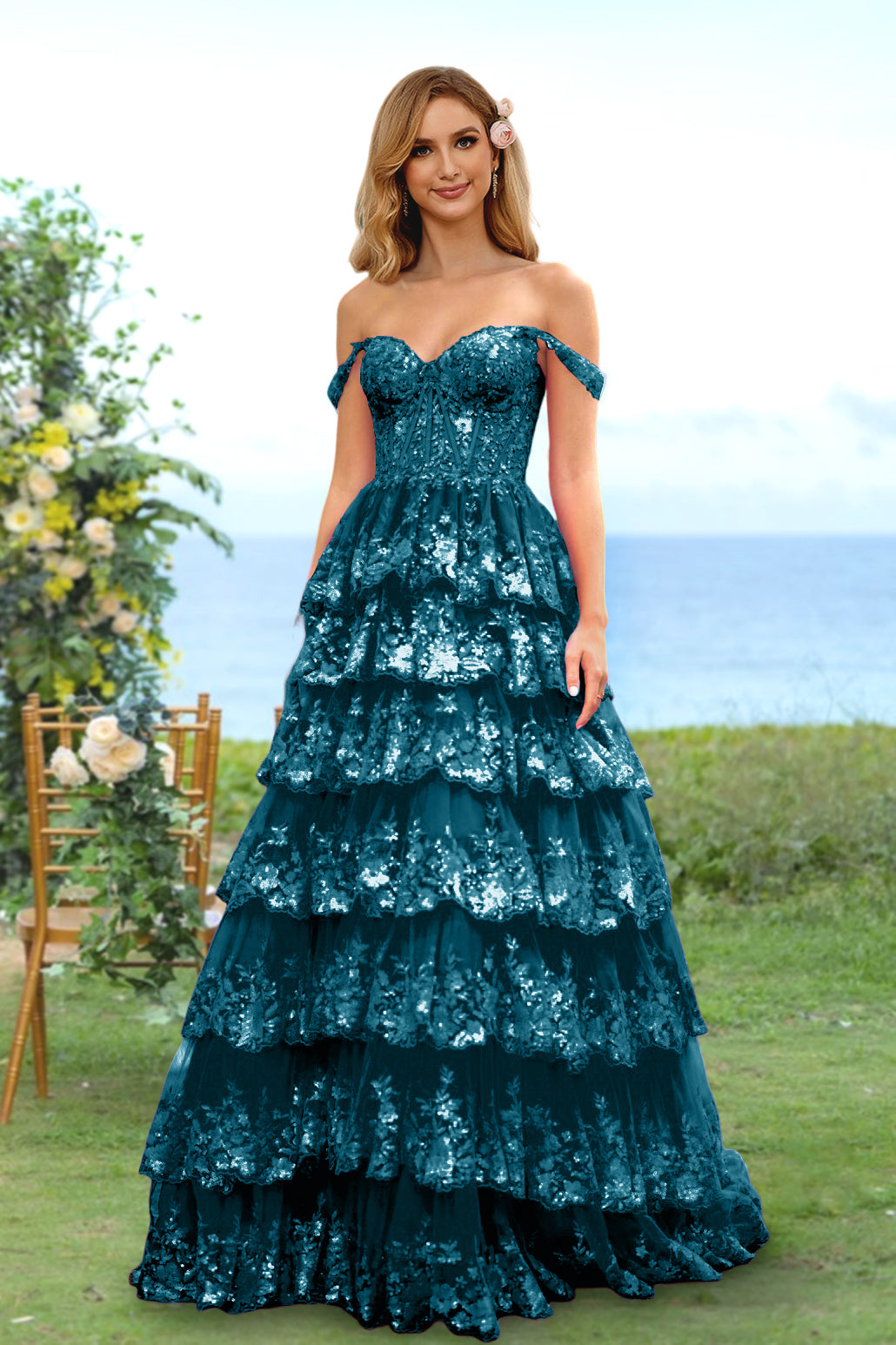 Sweetheart Off-the-Shoulder A-Line Princess Long Prom Dress with Floral Sequins & Ruffles