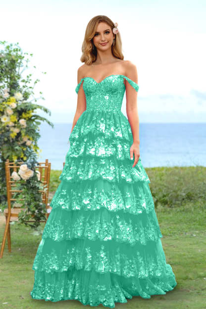 Sweetheart Off-the-Shoulder A-Line Princess Long Prom Dress with Floral Sequins & Ruffles