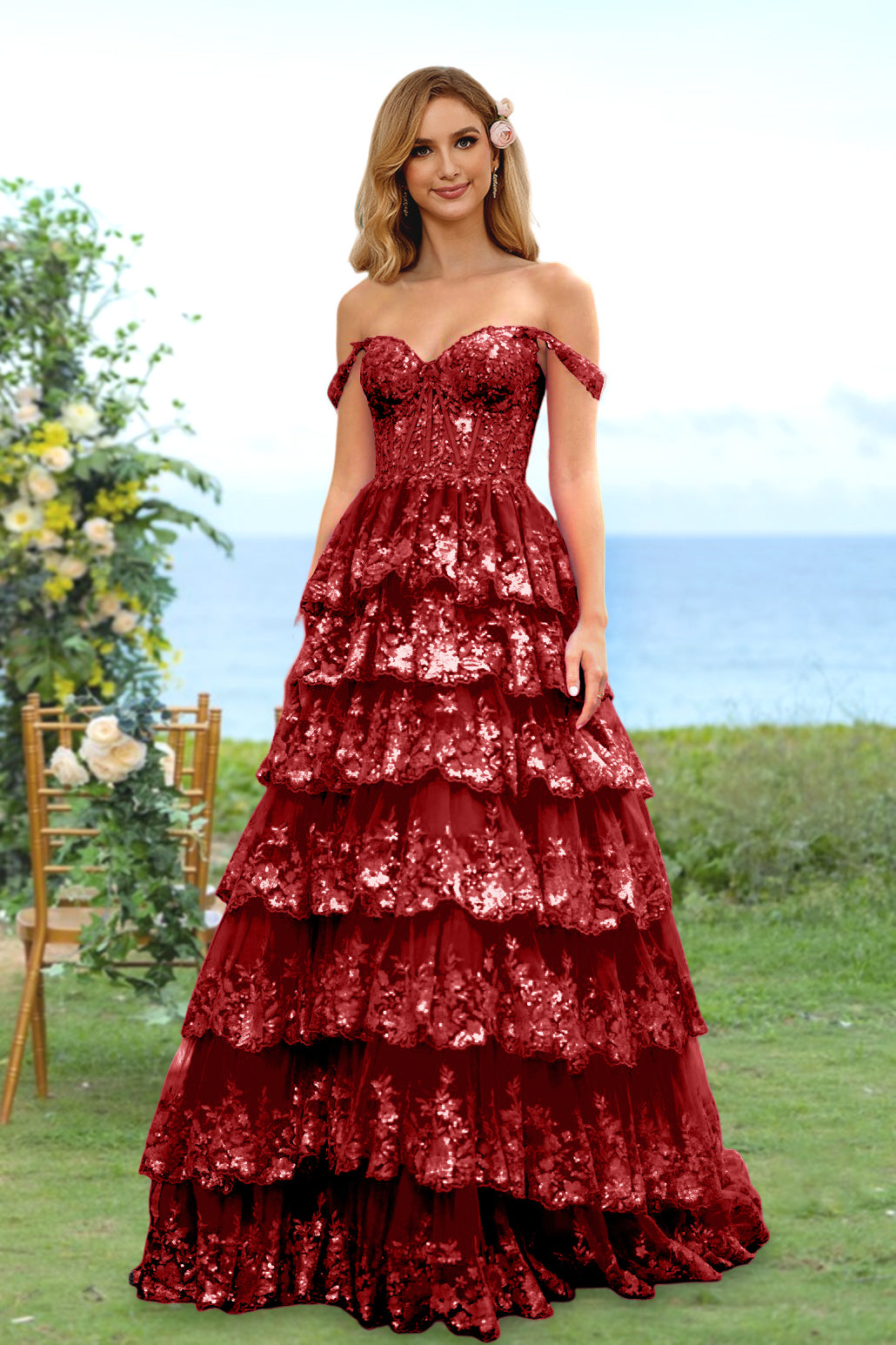 Sweetheart Off-the-Shoulder A-Line Princess Long Prom Dress with Floral Sequins & Ruffles
