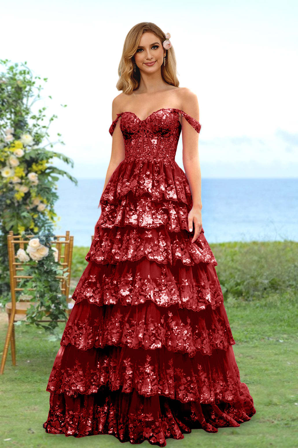Sweetheart Off-the-Shoulder A-Line Princess Long Prom Dress with Floral Sequins & Ruffles