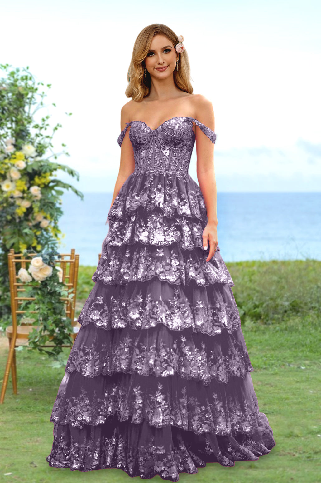 Sweetheart Off-the-Shoulder A-Line Princess Long Prom Dress with Floral Sequins & Ruffles