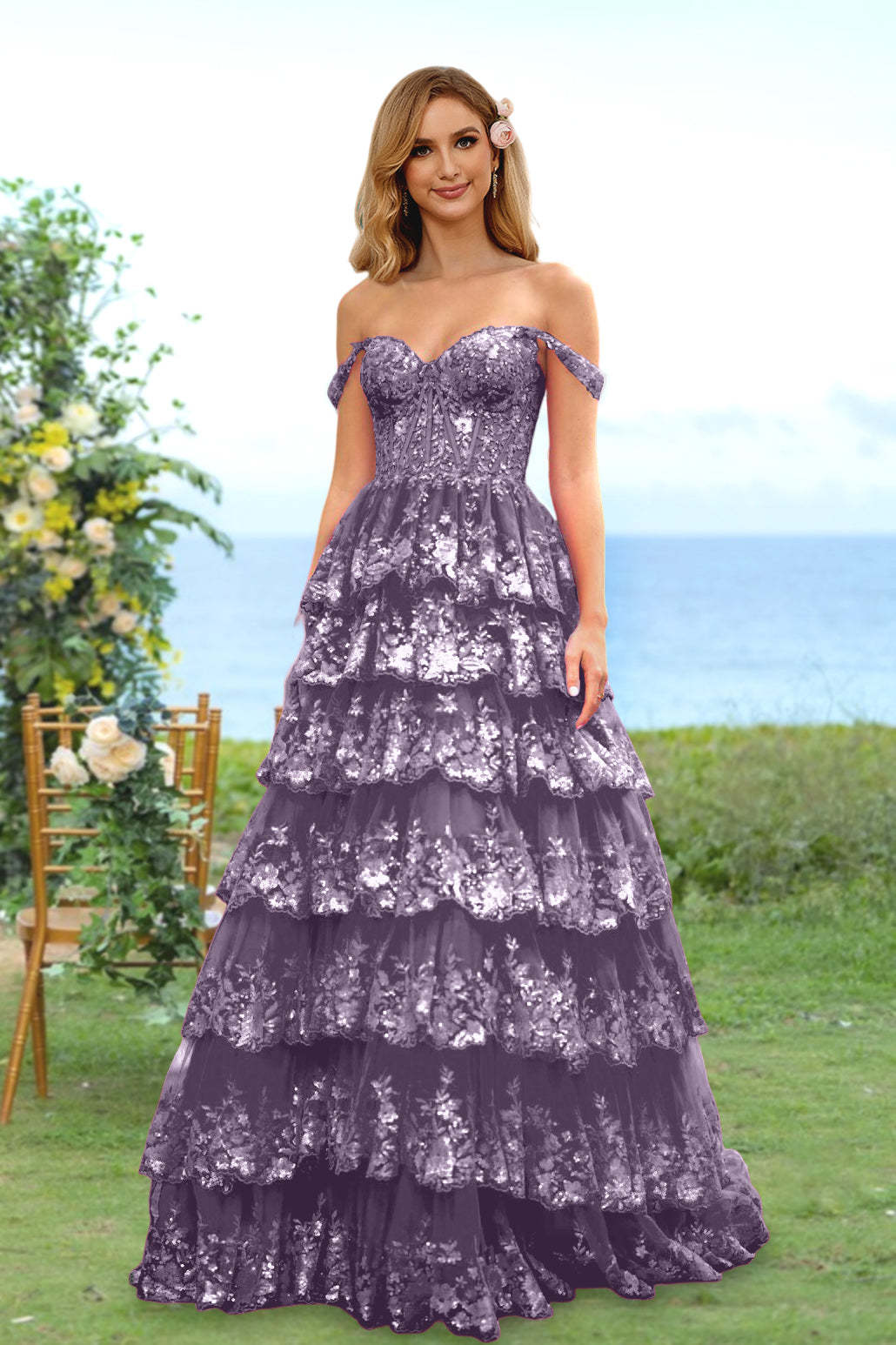 Sweetheart Off-the-Shoulder A-Line Princess Long Prom Dress with Floral Sequins & Ruffles