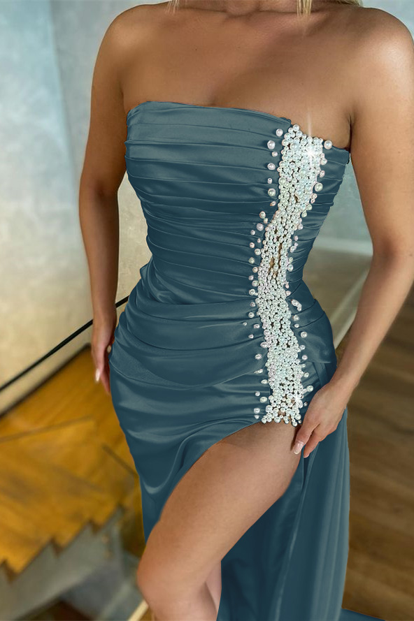 Strapless Light Pink Sleeveless Mermaid Prom Dress With Split