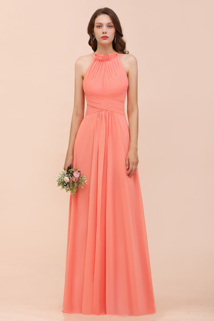BMbridal Modest Halter Ruffle Coral Chiffon Affordable Bridesmaid Dress Online-BMbridal