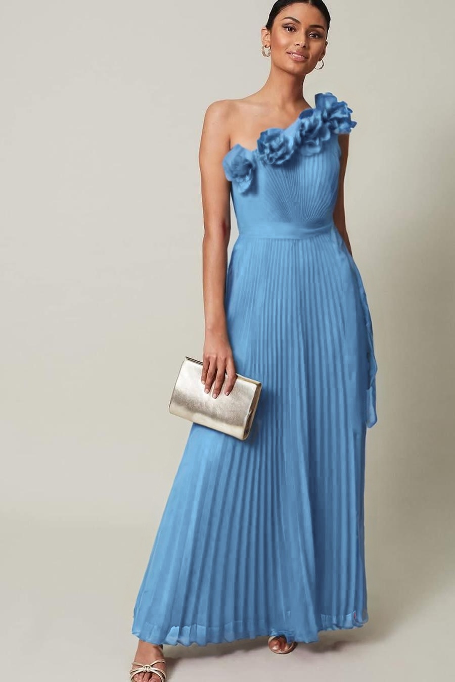 Chiffon One Shoulder Sleeveless Long Prom Dress With Pleated