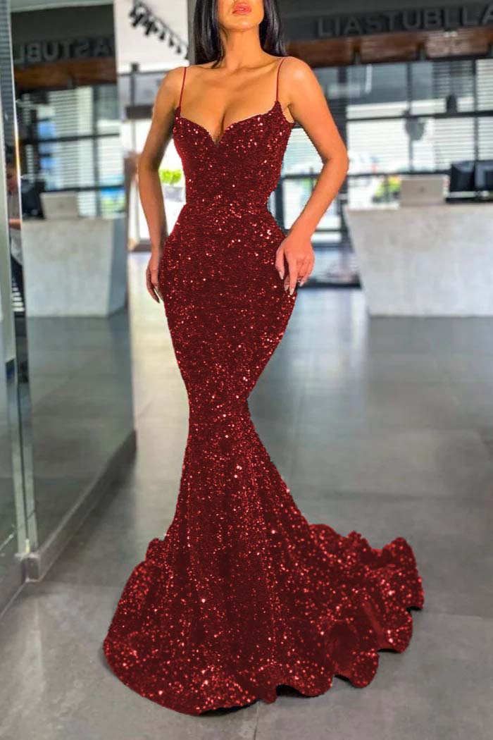 Spaghetti Strap Sleeveless Long Mermaid Prom Dress With Sequins