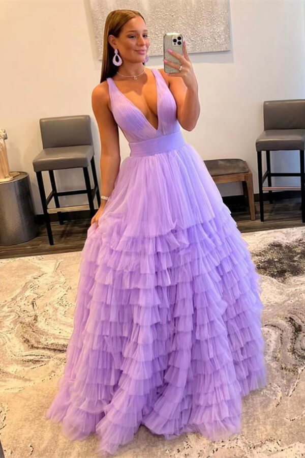 Elegant Deep V Neck Tulle layers Prom Dress With Sleeveless Online Lilac