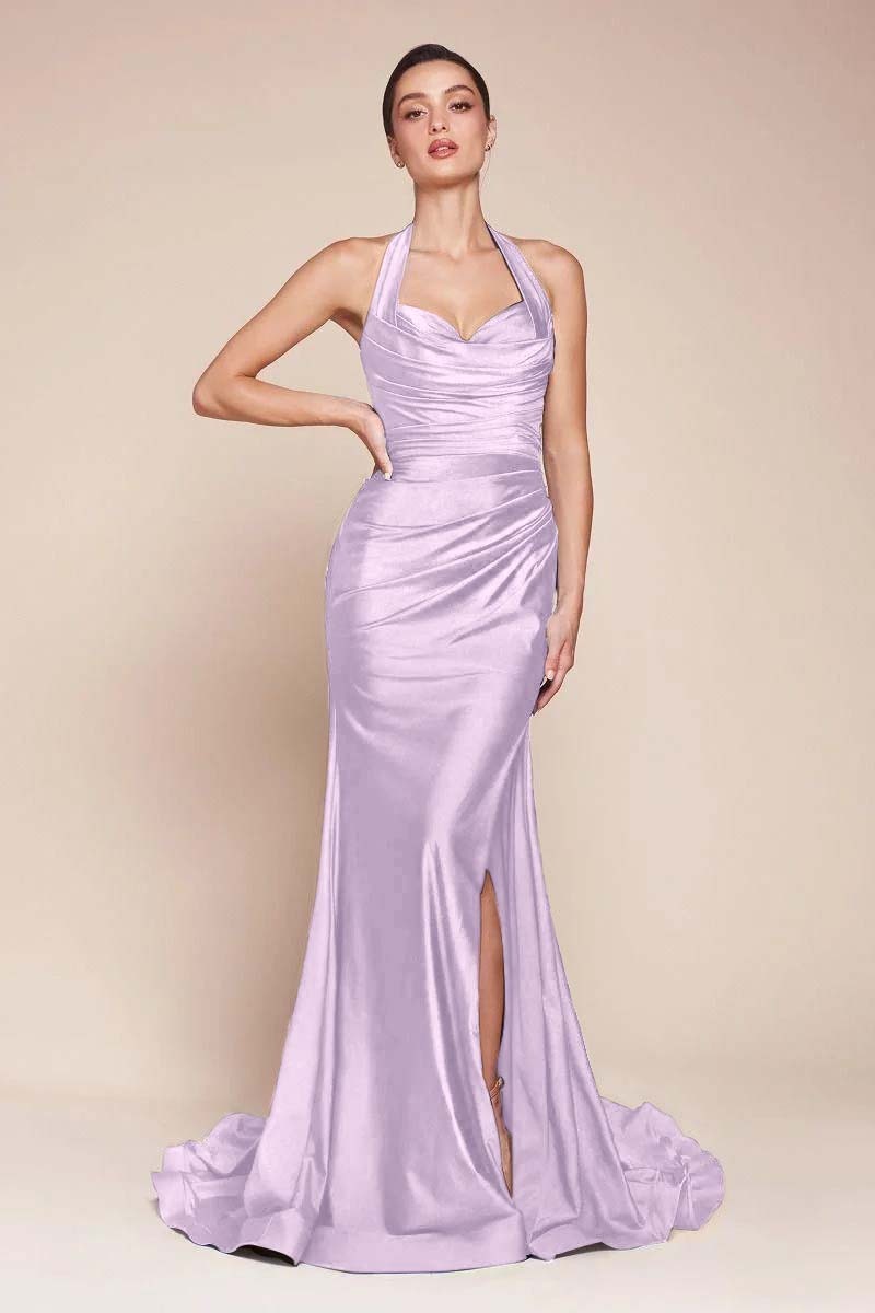 Halter Sleeveless Split Mermaid Long Prom Dress With Pleated