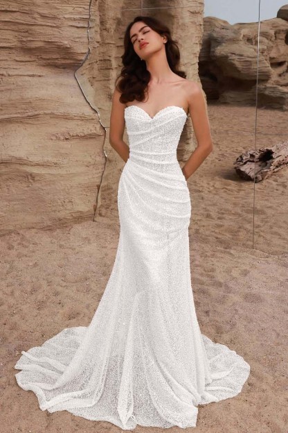 Strapless Sleeveless Long Mermaid Prom Dress With Pleated Sequins