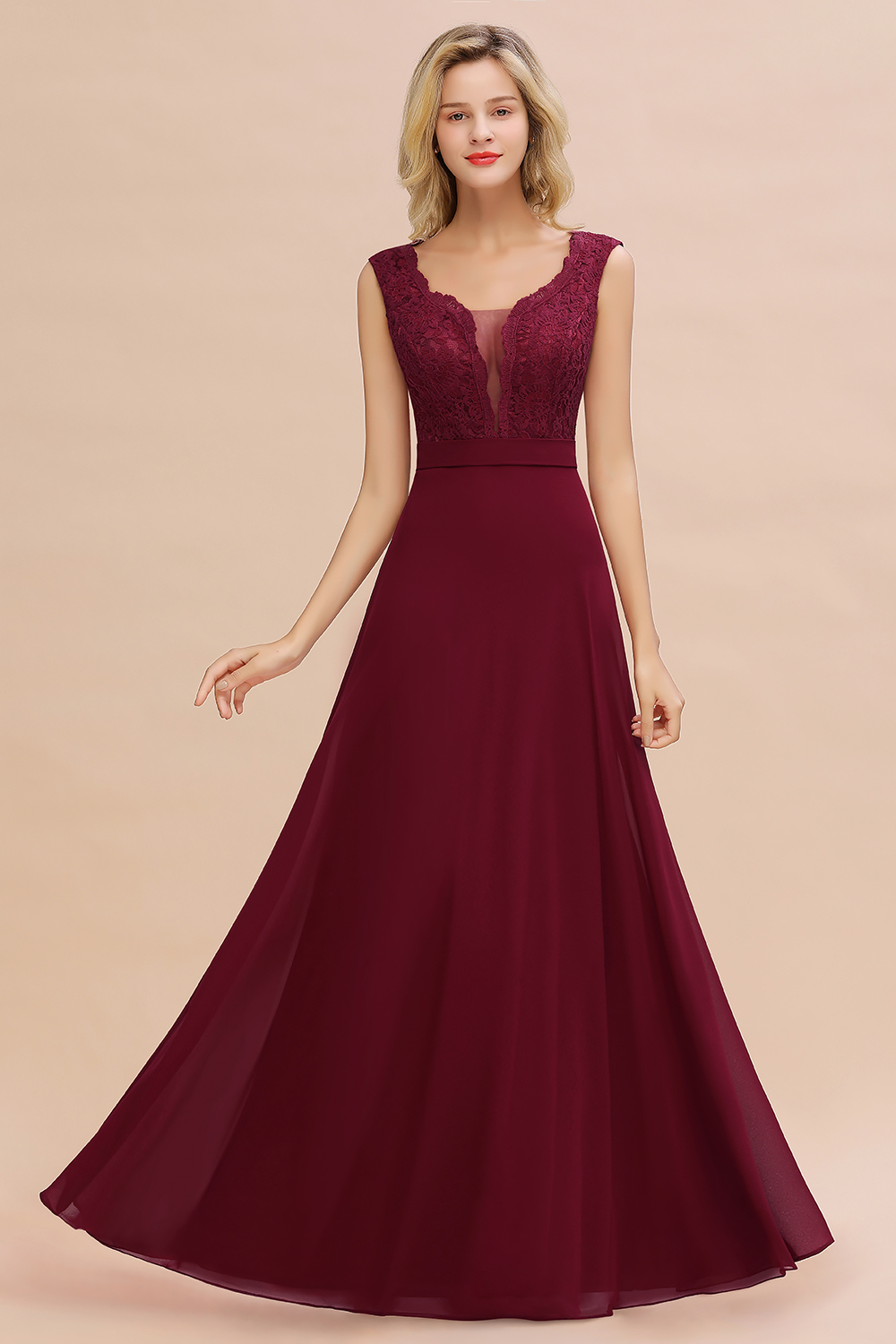 BMbridal Elegant Lace Deep V-Neck Burgundy Bridesmaid Dress Affordable-BMbridal