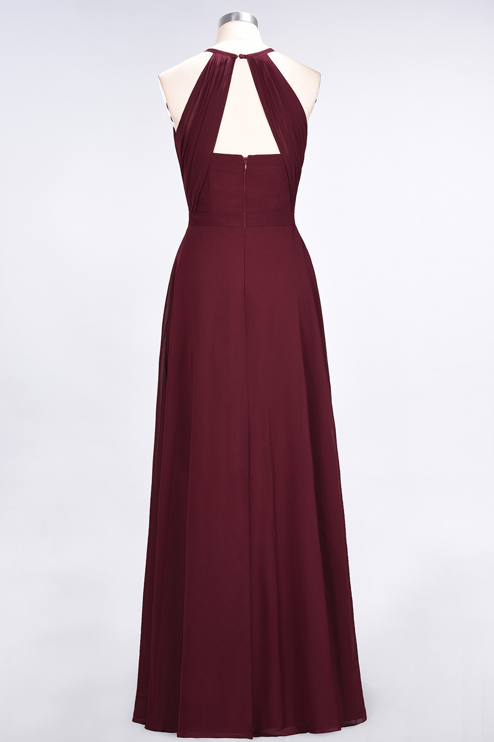 BMbridal Modest Chiffon Jewel Ruffle Burgundy Long Bridesmaid Dresses Online-BMbridal