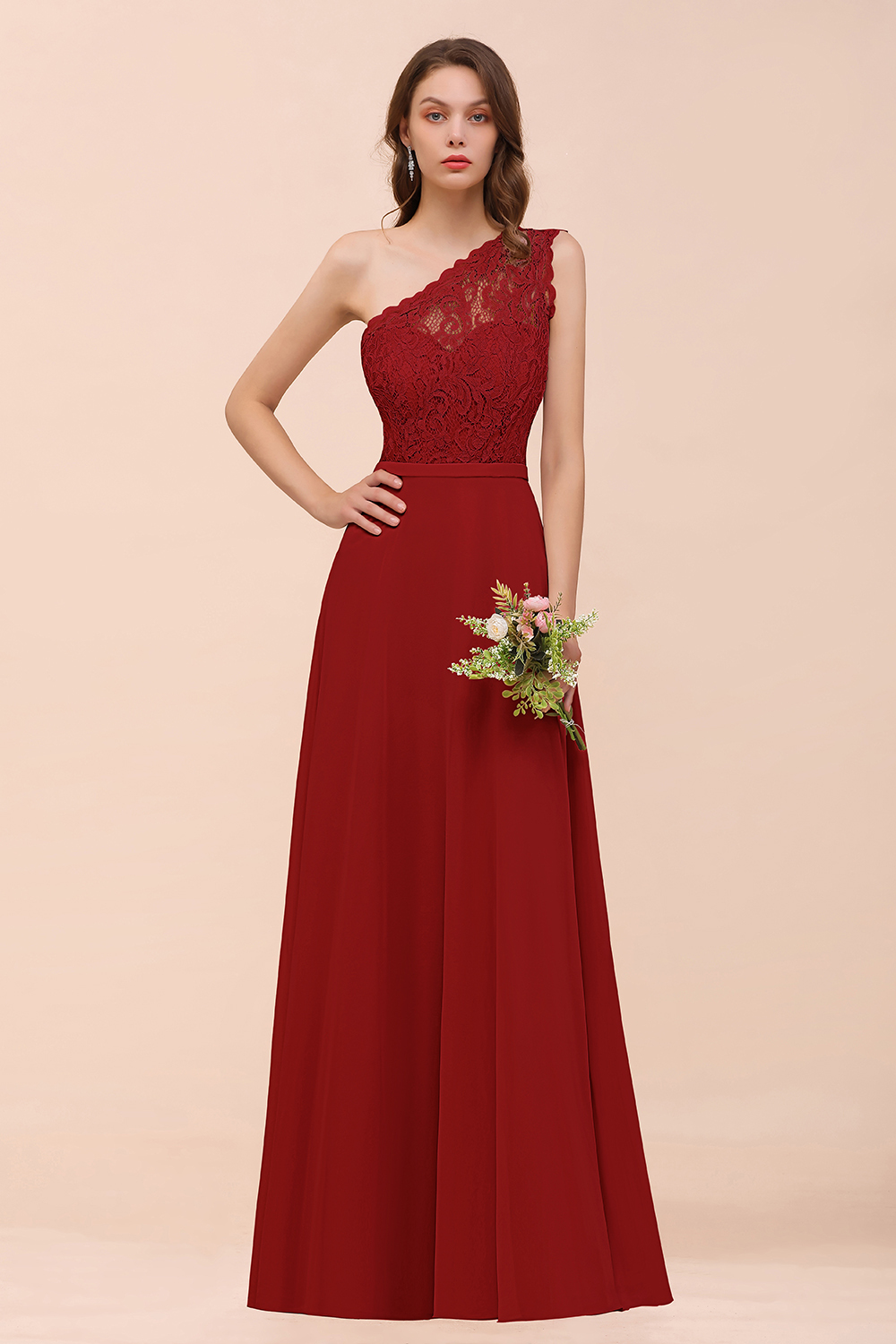BMbridal New Arrival Dusty Rose One Shoulder Lace Long Bridesmaid Dress-BMbridal