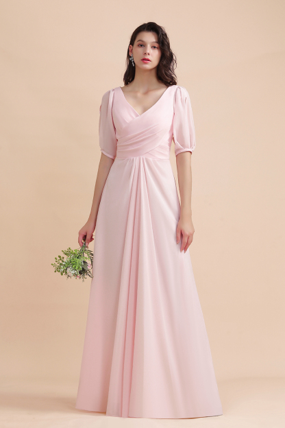 BMbridal A-Line V-Neck Chiffon Ruffles Bridesmaid Dress with Short Sleeves-BMbridal