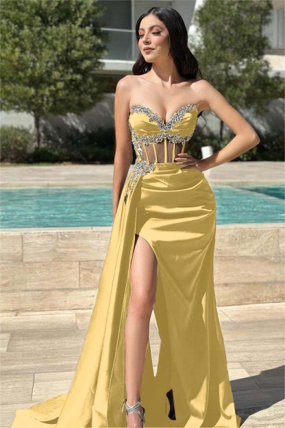 Stunning Black Strapless Sleeveless Long Split Pleated Prom Dress With Beading