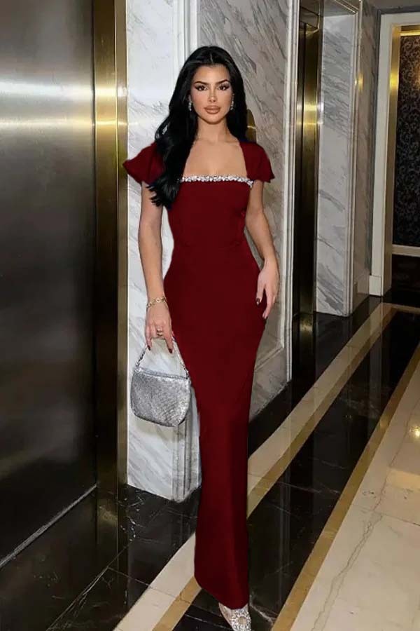 Sleeveless Square Neck Long Mermaid Prom Dress With Pleated Beading