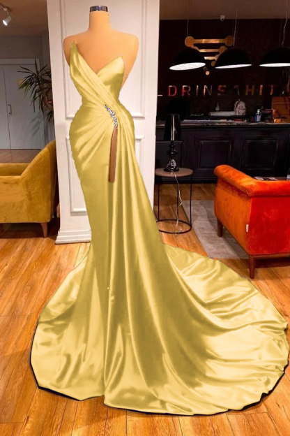 Strapless Sleeveless High Split Long Prom Dress With Beading