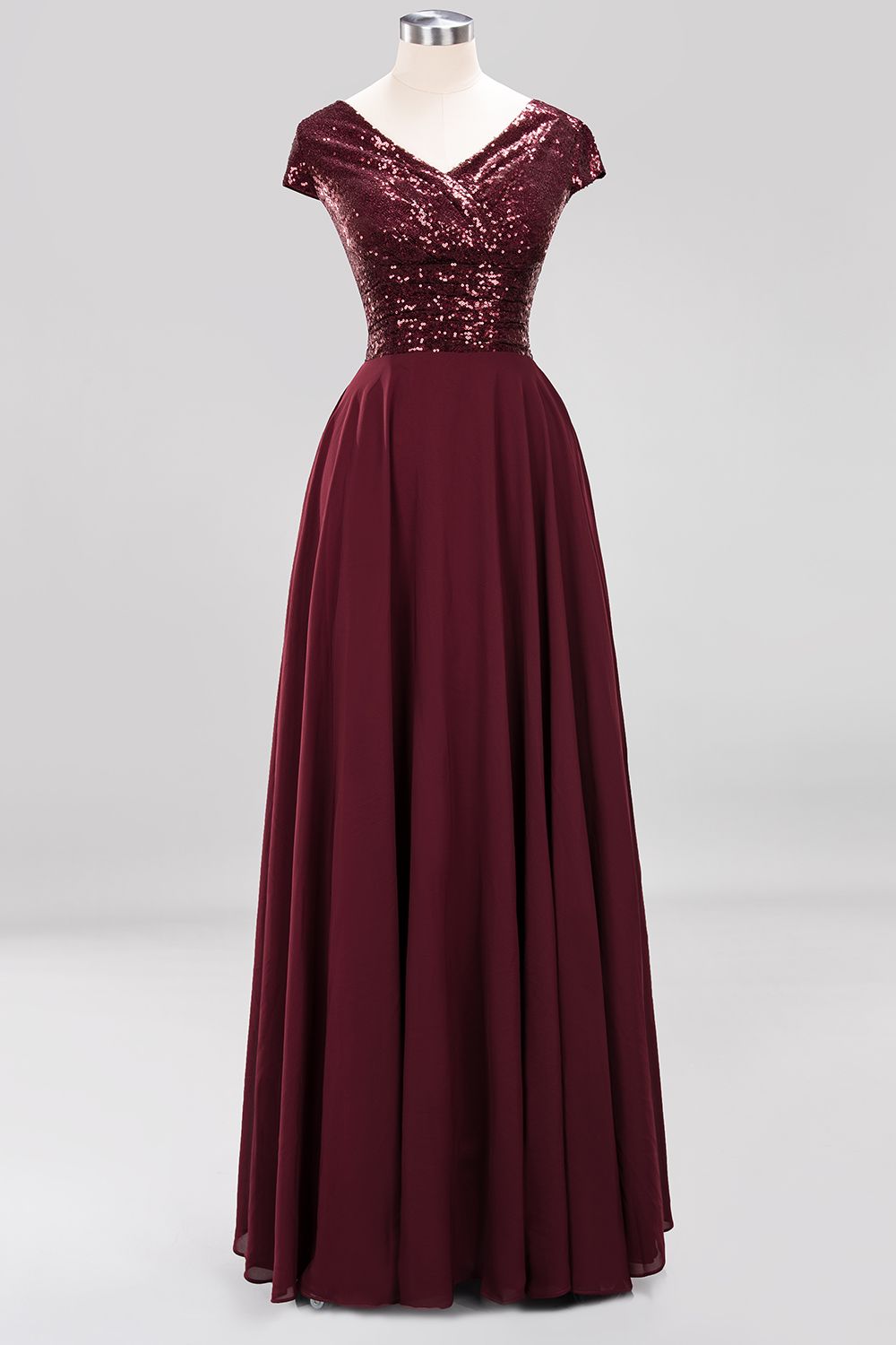 BMbridal Chic Sequined Top V-Neck Sleeveless Burgundy Bridesmaid Dresses Online-BMbridal