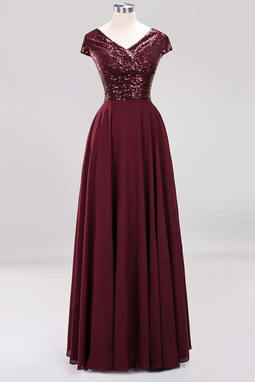 BMbridal Chic Sequined Top V-Neck Sleeveless Burgundy Bridesmaid Dresses Online-BMbridal