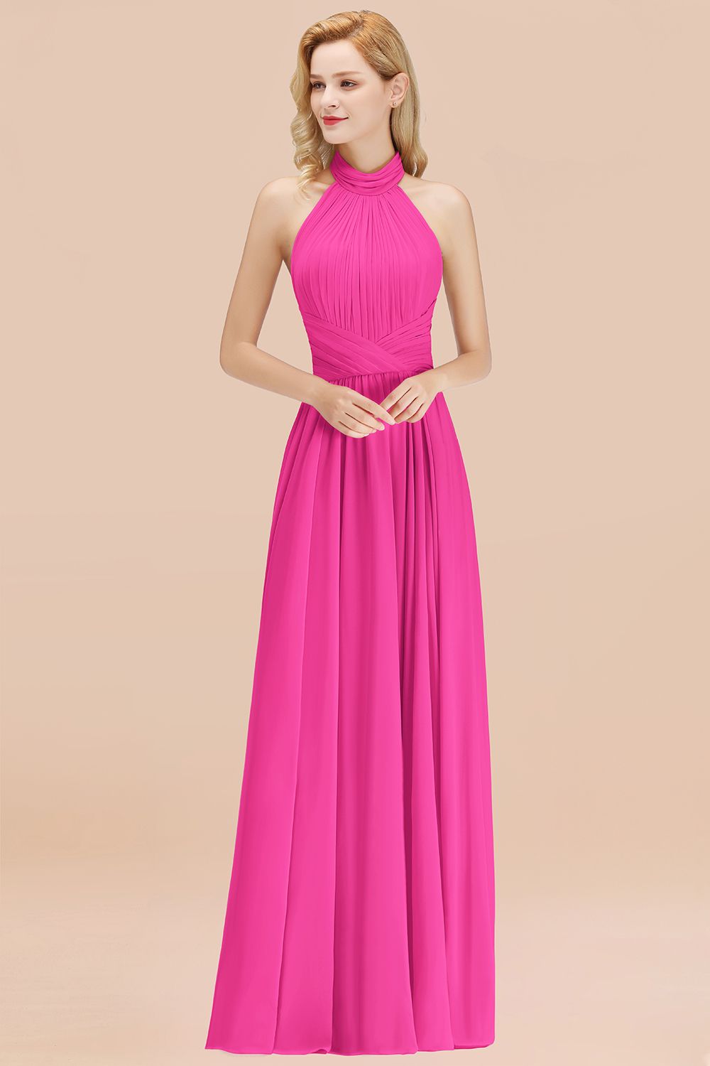 BMbridal Gorgeous High-Neck Halter Backless Bridesmaid Dress Dusty Rose Chiffon Maid of Honor Dress-BMbridal