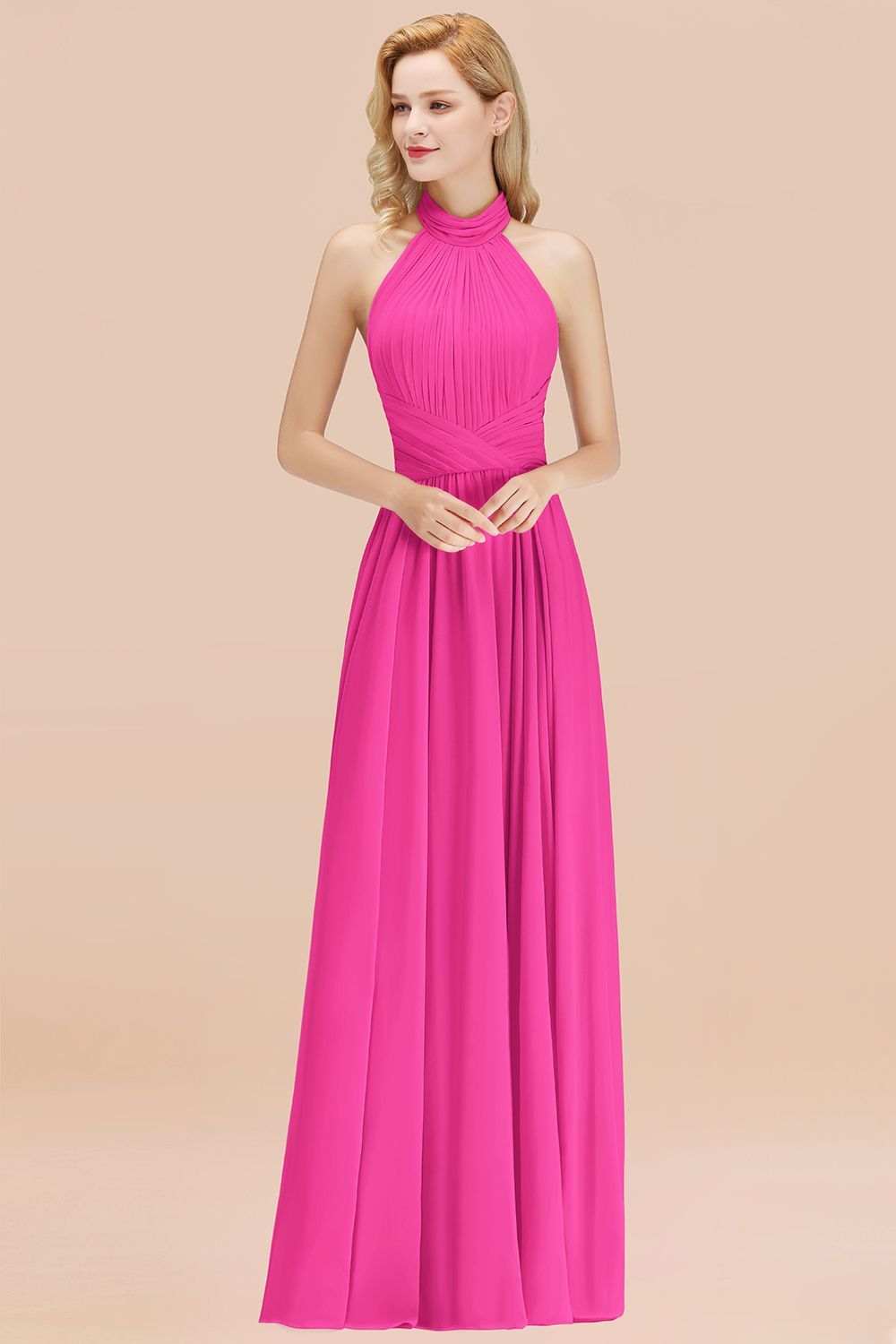 BMbridal Gorgeous High-Neck Halter Backless Bridesmaid Dress Dusty Rose Chiffon Maid of Honor Dress-BMbridal