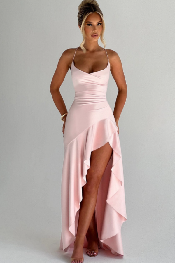 Spaghetti Strap Sleeveless Long Split Prom Dress With Pleated
