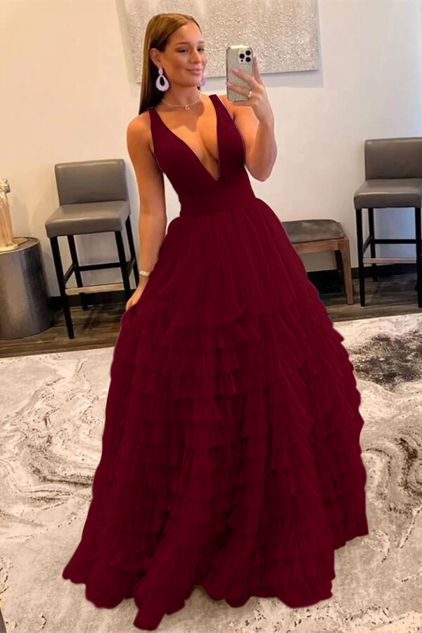 Elegant Deep V Neck Tulle layers Prom Dress With Sleeveless Online Lilac