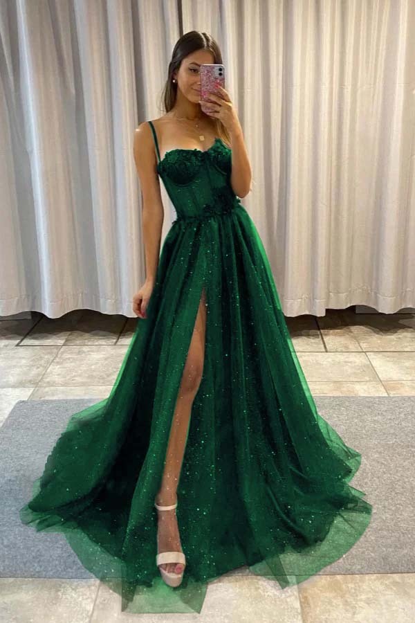 Spaghetti Strap Sleeveless Long Split Prom Dress With Sequins