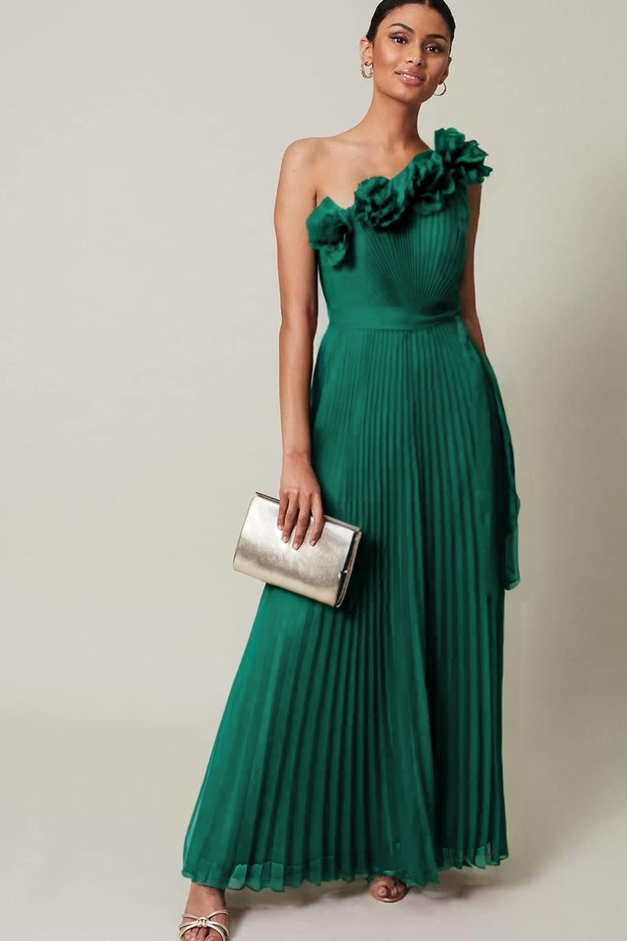 Chiffon One Shoulder Sleeveless Long Prom Dress With Pleated