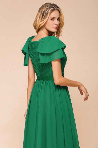 BMbridal Emerald Short Sleeves Chiffon Ruffles Long Bridesmaid Dresses Online-BMbridal
