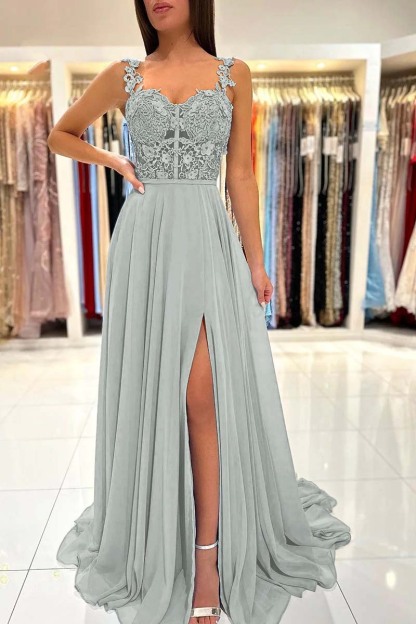 Straps Sleeveless Long A Line Split Prom Dress With Appliques