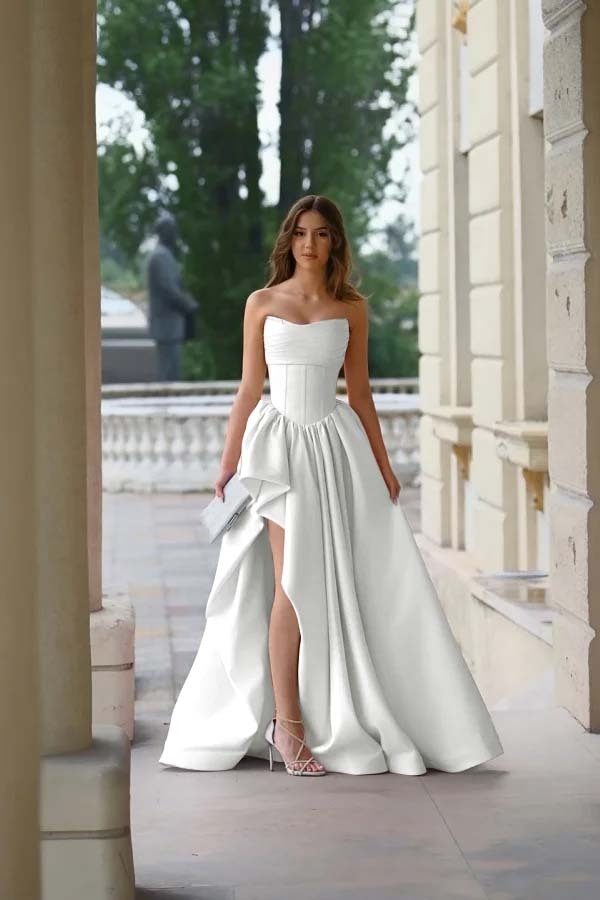 Strapless Sleeveless Side Split Long Prom Dress With Pleated