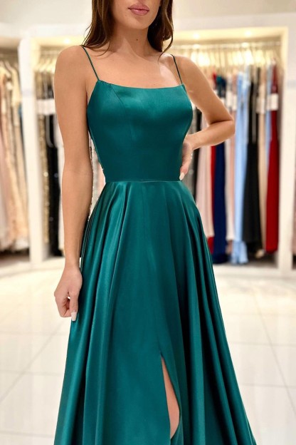Spaghetti Strap Split Simple Long Prom Dress Green A Line