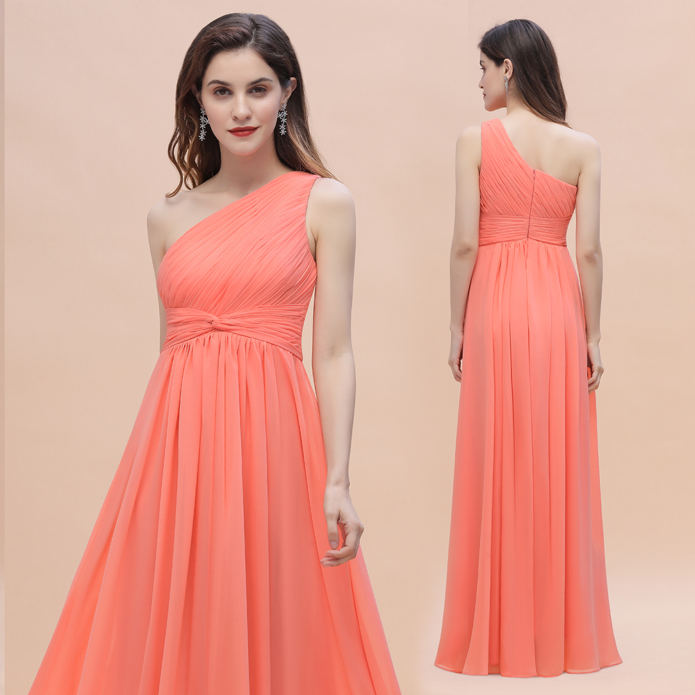 BMbridal Chic One-Shoulder Ruffles Chiffon Coral Bridesmaid Dresses On Sale-BMbridal