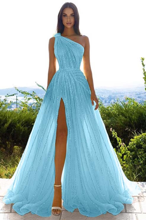 Tulle Sequins One Shoulder A Line Long Prom Dress Daffodil With Front Split