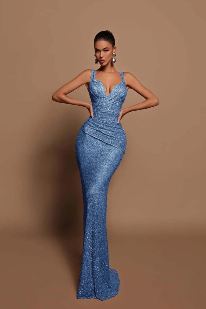 Sexy Pink Long Sequins Prom Dress V Neck Mermaid Sleeveless