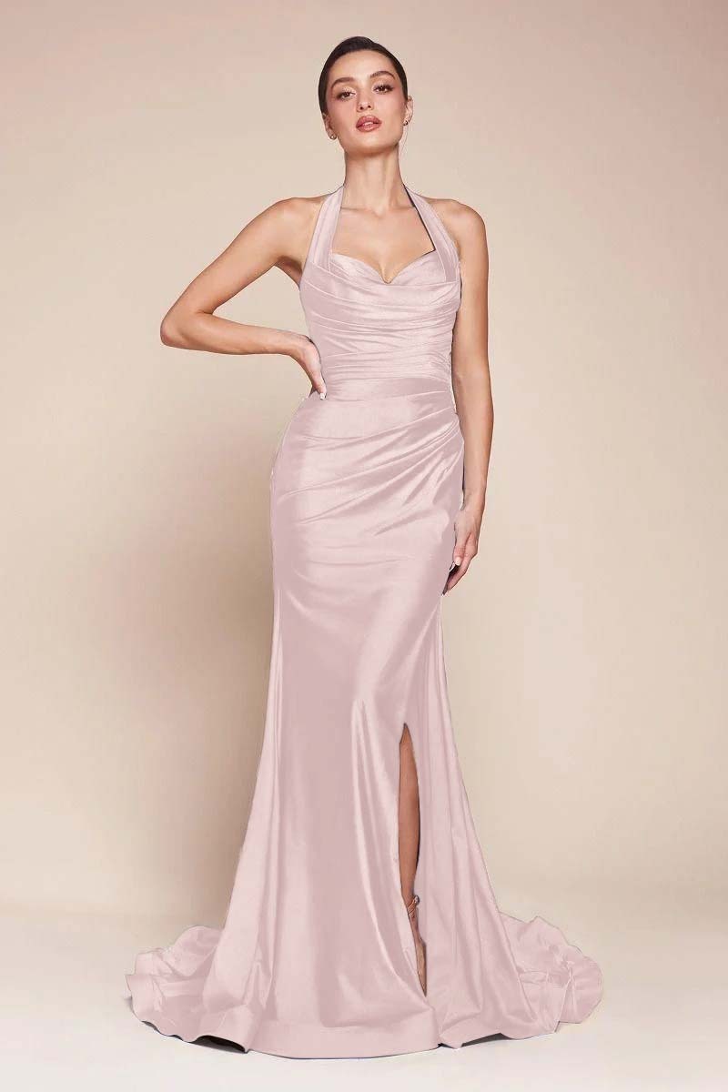 Halter Sleeveless Split Mermaid Long Prom Dress With Pleated