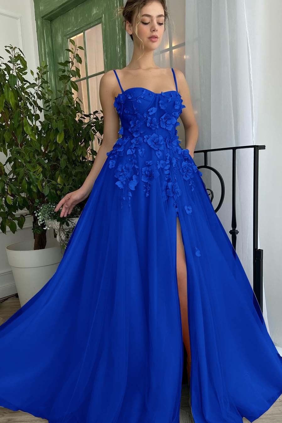 Baby Blue Sweetheart Flowers Appliques Spaghetti Strap Prom Dress With Split