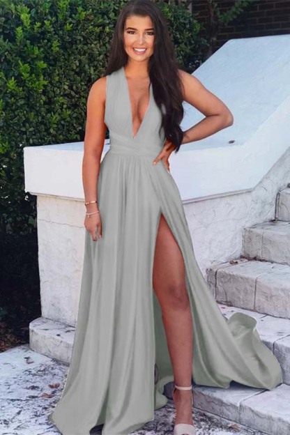 Sleeveless Fuchsia Deep V Neck Backless A Line Long Prom Dress With Split