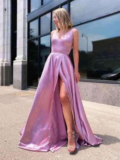 Pink A Line V-Neck Satin Long Prom Dress with Slit