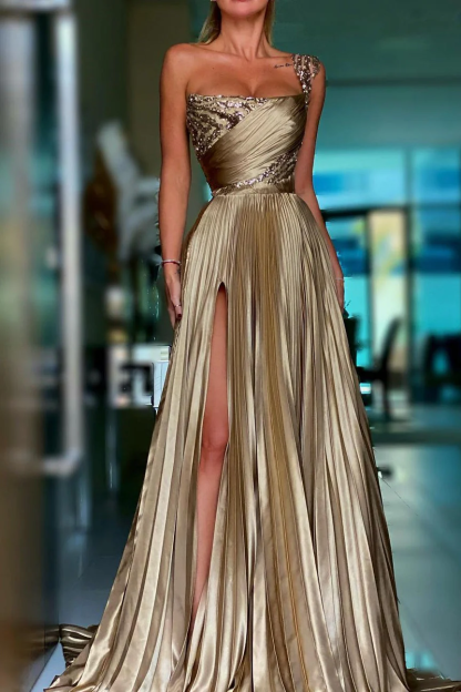 One Shoulder Sleeveless Long Prom Dress With High Split Sequins