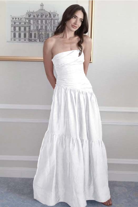 Strapless Sleeveless A Line Long Prom Dress With Pleated Pockets