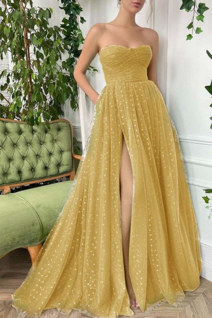 Tulle Sleeveless Strapless Long Split Prom Dress With Pleated