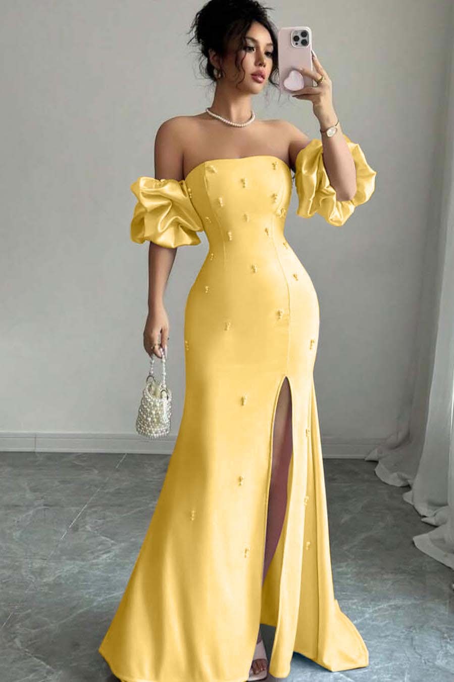 Strapless Bubble Sleeves Long Split Prom Dress With Beading